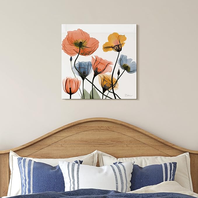 Empire Art Direct Frameless Free Floating Tempered Glass Panel Graphic Wall Art Ready to Hang, 24" x 24", Flowers and Ferns, Orange and Blue Flower