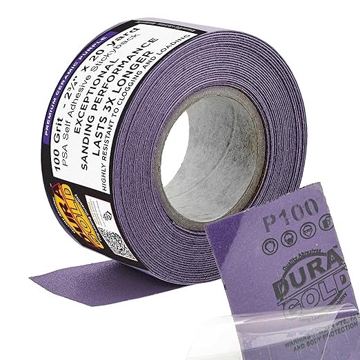Dura-Gold Premium 100 Grit PSA Purple Film Ceramic Longboard Sandpaper, 2-3/4" Wide Continuous 20 Yard Roll - Self Adhesive Stickyback for Auto & Wood Air File Long Board Sanders, Hand Sanding Blocks
