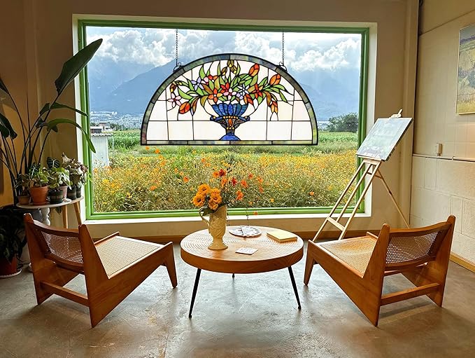 24 inch Flower Stained Glass Window Hanging Half Moon Shade,100% Real Stained Glass Panelfor Home Decor(YLK005)