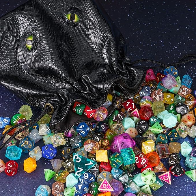 Large DND Dice Bag Leather Dice Storage Bag Black D&D Drawstring Pouch with Pockets for RPG Table Games - Can Hold 200+ Polyhedral Dice