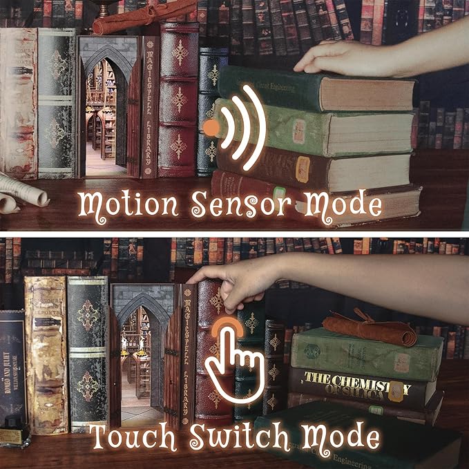 DolphinIsle Book Nook Kits for Adults, DIY Booknook Bookshelf Decor Magic Spell Library with Flame Illusion