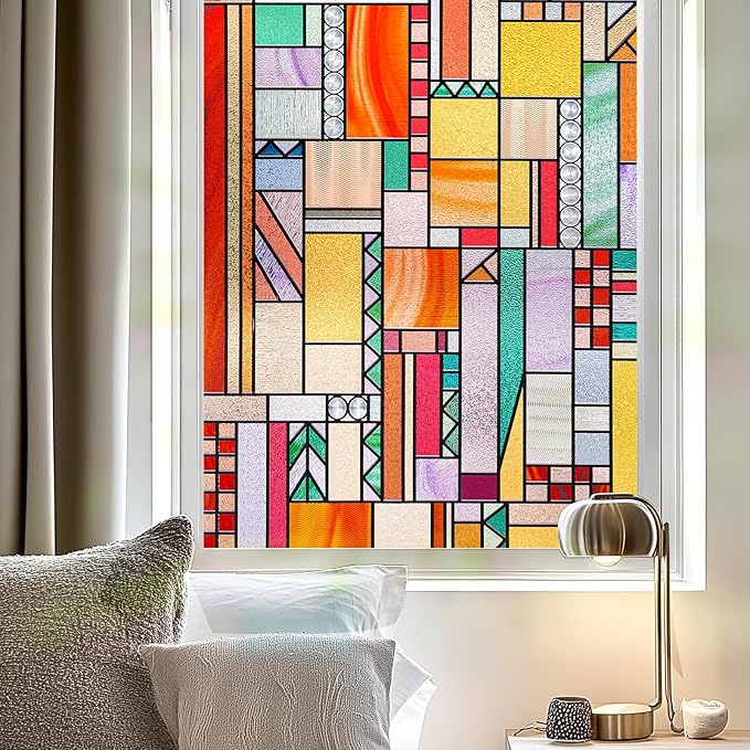 3D Stained Glass Window Privacy Film, Heat Control UV Blocking Static Cling Decorative Window Film for Bathroom,Front Door,Home Non Adhesive,23.6 x 35.4 inches Autumn Reverie