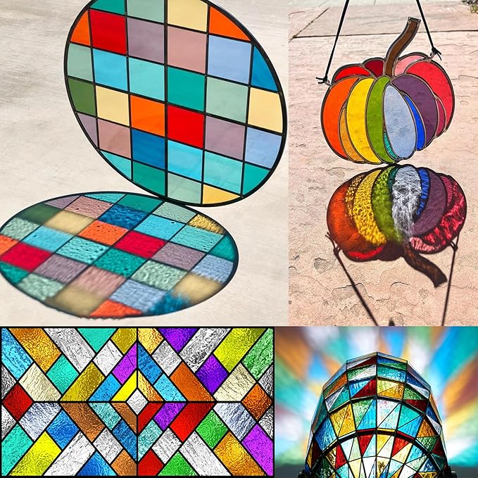 ILLUCKAI 12 Sheets Transparent Stained Glass Sheet Rainbow Colors, 6 x 4 inch Stained Glass Supplies Mosaic Glass Tiles for Stained Glass Artwork Mosaic Crafts