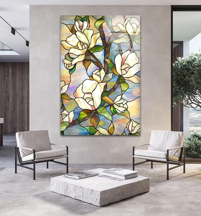 My Photostation.com Round 31,5'' Stained Magnolia Glass Wall Art Tempered Glass Printing Wall Decor Large Wall Art Wall Hangings