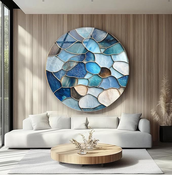 My Photostation.com 20''(50cm) Diameter Coastal Blue Stone Mosaic Round Glass Wall Art Tempered Glass Printing Wall Decor Large Wall Art Wall Hangings