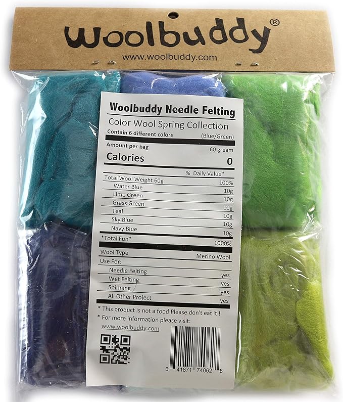 Woolbuddy Needle Felting Wool, Natural Handmade Wool Roving, 6 Vibrant Colors with Instructions (Wool Bag Spring)