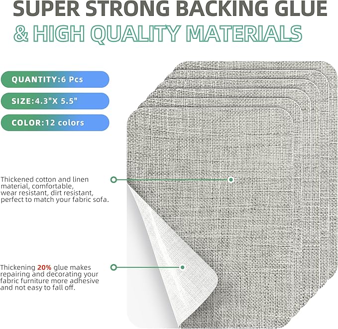 Azobur Coarse Linen Repair Patches, 6 Piece Self-Adhesive Linen Fabric Patches, Multi Color, Can be Used for Linen Sofa Repair and Linen Clothes Repair, Quick Fix Sofa.(Light Gray)