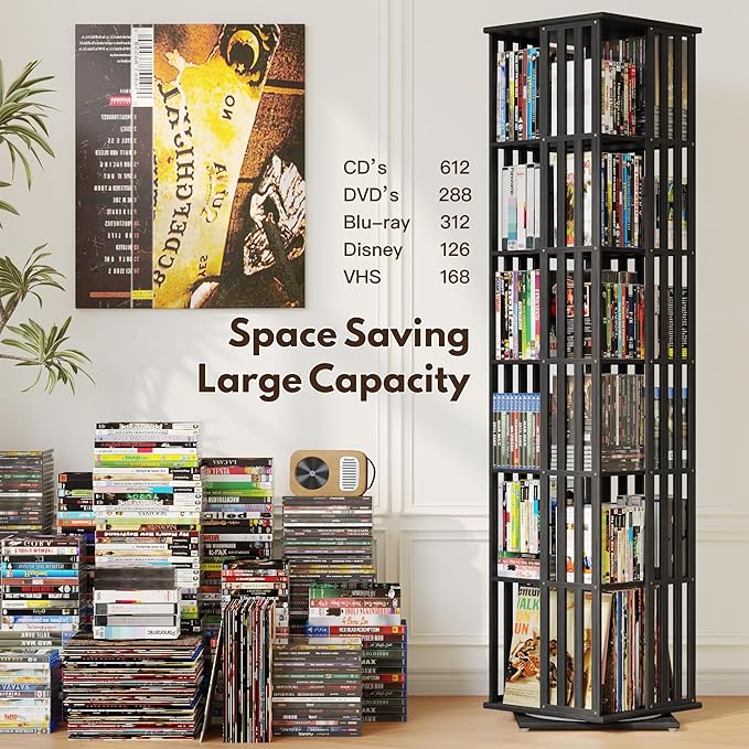 XIMN 360° Rotating Bamboo CD/DVD Shelf - 6-Tier Space-Saving Media Storage Cabinet for Movies, Organizer with Super Compact Design (Black, 6 Tier)