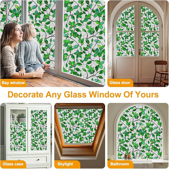 Window Privacy Film Stain Glass Window Film Rainbow Window Film Window clings Non-Adhesive Reusable Decorative for Room (Frosted Greenery Leaf, 23.6 x 78.7 in)