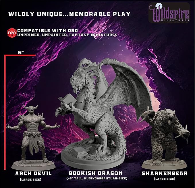 Wildspire Fantasy Monsters & Bookish Dragon for DND Miniatures Unpainted Bulk 28mm-32mm Dungeons & Dragons Minis Pathfinder Figures Fantasy Unpainted Tabletop RPG Miniature Starter Set for D&D