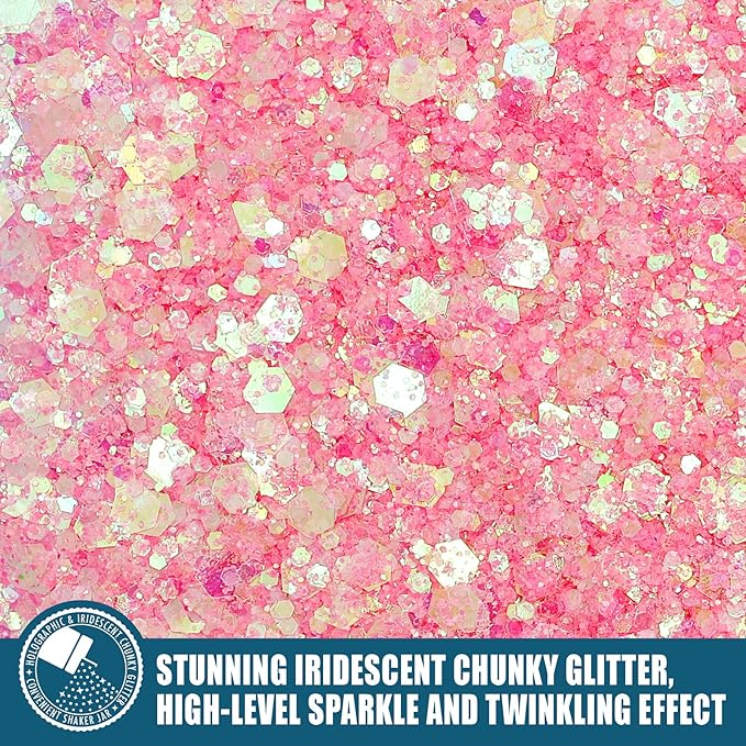 Iridescent Chunky Glitter 5.64oz/160g, Ultra Fine Glitter Powder Mixed Chunky PET Flakes Sequins for Resin Epoxy Craft Arts, Tumbler, Cosmetic Glitter for Body Nail Hair Eye Party Festiva (Disco Pink)