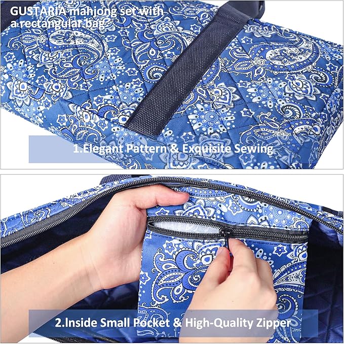 American Mahjong Game Set, 166 Quality White Tiles, 4 All-in-One Color Rack/Pushers, Mahjong Tile Set with Blue Printed Carrying Bag