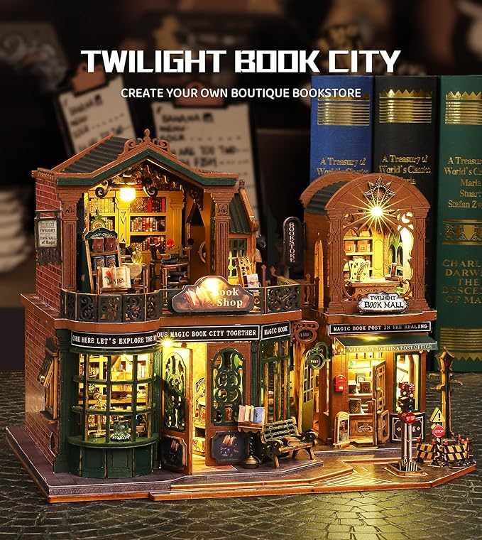DIY Dollhouse Miniature House Kit,DIY Kit Mini House Model Comes with dust Cover and Music Box, Best Christmas Birthday Gift for Lovers Boys and Girls（Twilight Book City
