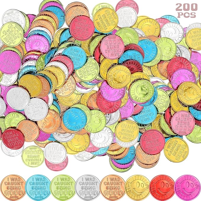 Jerify Caught Being Good Coins for Kids Behavior Tokens Plastic Reward Colored Pretend Coin Carnival Halloween Party Counting(200 Pcs,Smile Face)