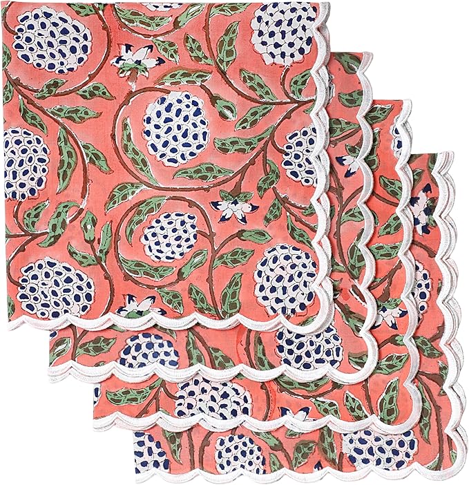 Ridhi Dark Salmon Pink Hand Block Print Napkins 18" x 18" Set of 4 Reusable Cotton Dinner Napkins for Weddings, Parties & Everyday Dining, Thanksgiving, Christmas, Fall