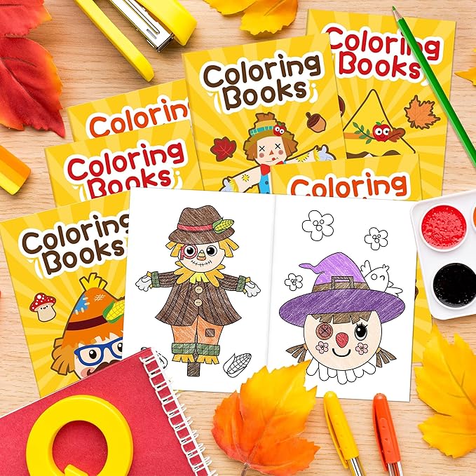 JAPBOR Fall Scarecrow Coloring Books - 24PCS Mini Autumn Scarecrows Color Book Bulk for Kids Party Favors, Thanksgiving Rustic Small Colouring Pages for Birthday Gifts Class Drawing Painting Game