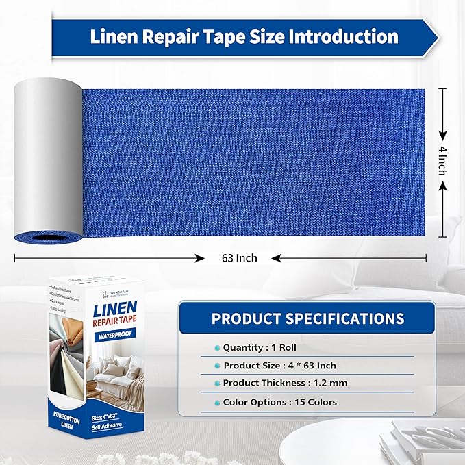 KING MOUNTAIN Linen Repair Patches, Self-Adhesive Linen Fabric Patches, 4 X 63 inch Extra Size, Multi Color, Can be Used for Linen Sofa Repair and Linen Clothes Repair (Navy Blue)
