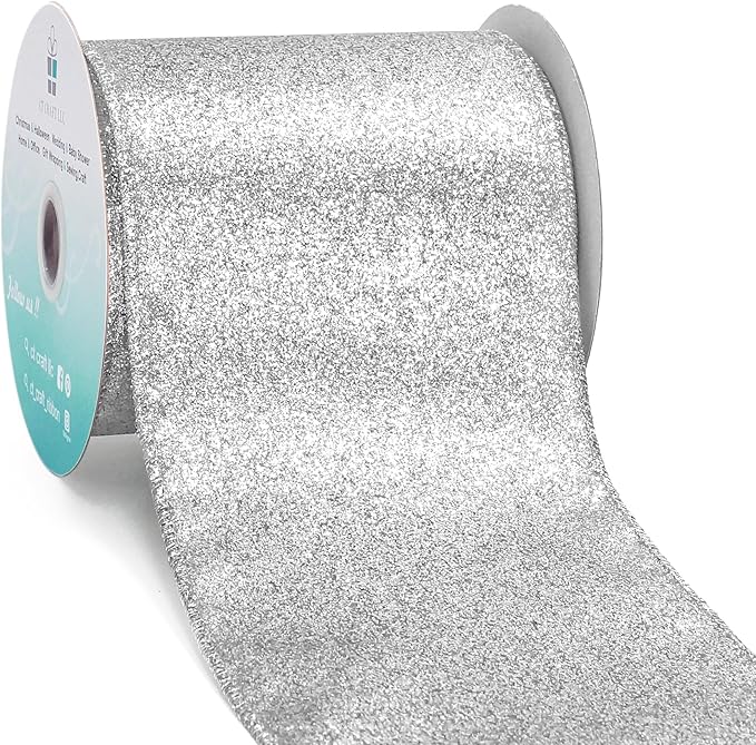 CT CRAFT LLC Glitter Wired Ribbon 4" x 10 Yards Silver for Christmas Home Decor Bow Gift Wrapping DIY Crafts Wreath