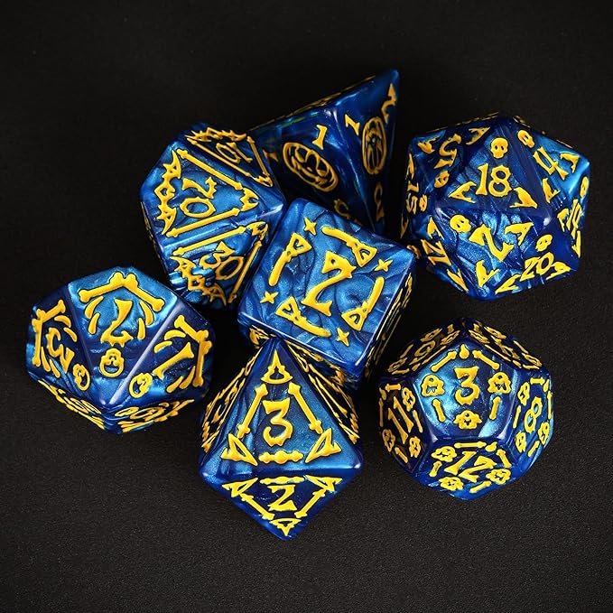 7-Die DND Dice Set Halloween Pattern Polyhedral Dice Set with Leather Bag, Skull Dice D&D Dice Set for RPG Table Games (Halloween Pattern-Blue)