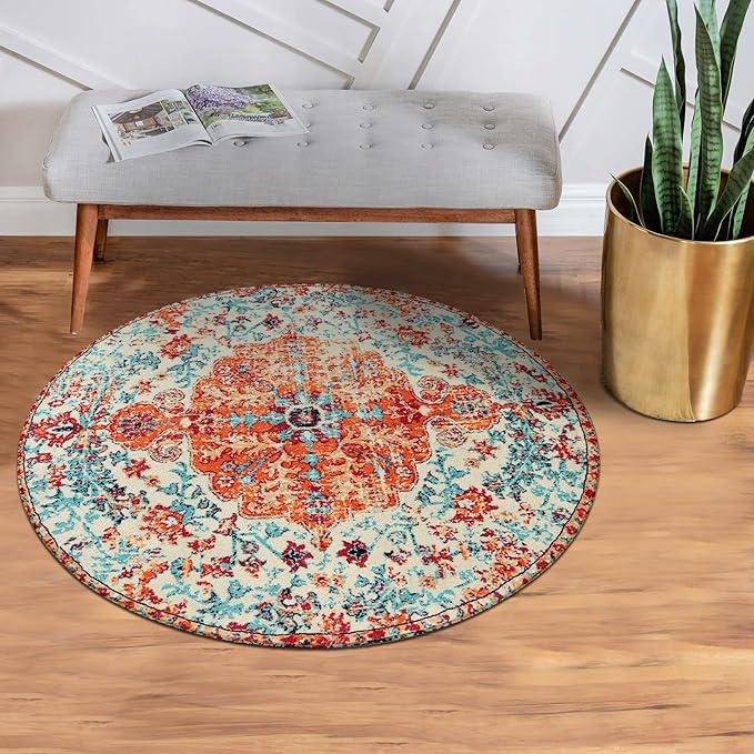 Lahome Bohemian Floral Medallion Round Rug - 3Ft Oriental Distressed Small Round Area Rug Vintage Washable Entryway Foyer Mat Non-Slip Non-Shedding Low-Pile Sofa Bathroom Carpet, Orange/Multi