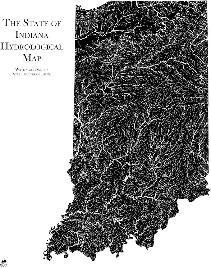 Muir Way Hydrological River Map of Indiana - Watershed Topographic Wall Art for Home, Office, or Travel Decor - Unframed Flat Paper Print, 18x24