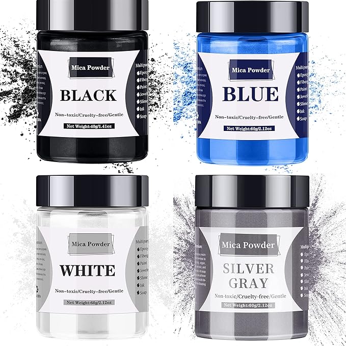 【40g Black + 60g White/Blue/Sliver Gray】 220g Mica Powder for Epoxy Resin - Pigment Powder Dye for Resin/Soap Making/Nails/Bath Bombs etc. (4 Color)
