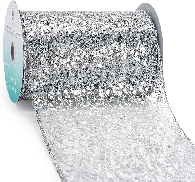 CT CRAFT LLC Sparkling Glitter Mesh Wired Ribbon 6" x 10 Yards Silver for Christmas Home Decor Bow Gift Wrapping DIY Crafts Wreath