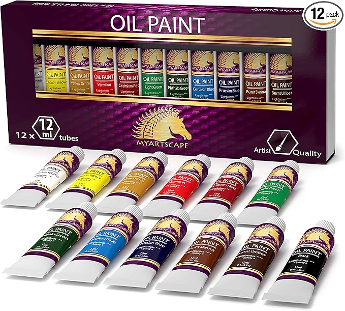 MyArtscape Oil Paint Set - 12 x 12ml Tubes - Lightfast - Heavy Body - Oil-based Vibrant Colors - High Pigment Load - Non-fading - Artist Quality Painting Supplies - Professional Craft Paints