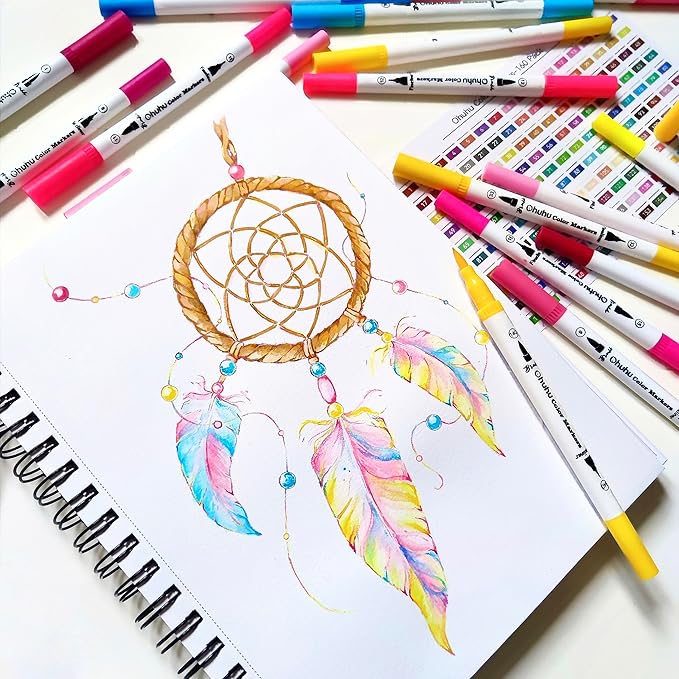 Ohuhu Markers for Adult Coloring Books No Bleeding 100 Colors Coloring Markers Water-based Dual Tips Fineliner & Brush Drawing Pens Art Pens for Kids Adults Sketch Journal - Maui - White