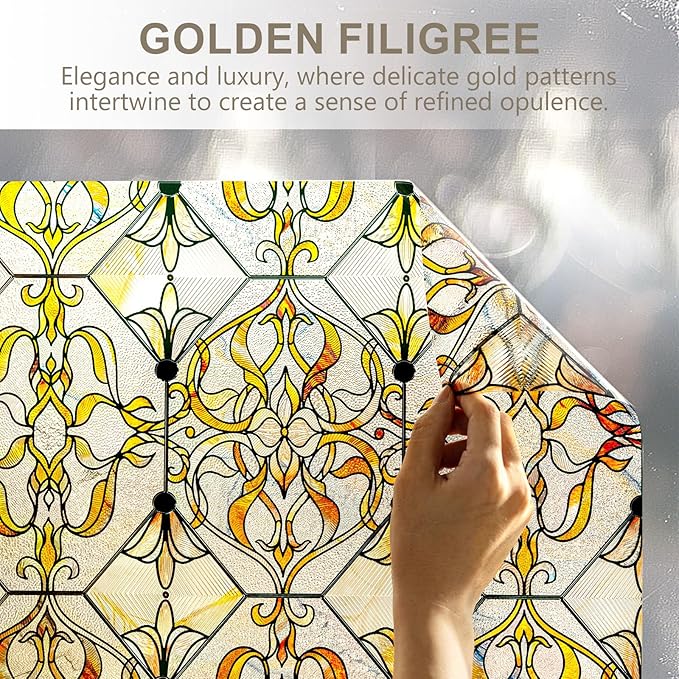 3D Stained Glass Window Privacy Film, Heat Control UV Blocking Static Cling Decorative Window Film for Bathroom,Front Door,Home Non Adhesive 23.6 x 35.4 inches Golden Filigree