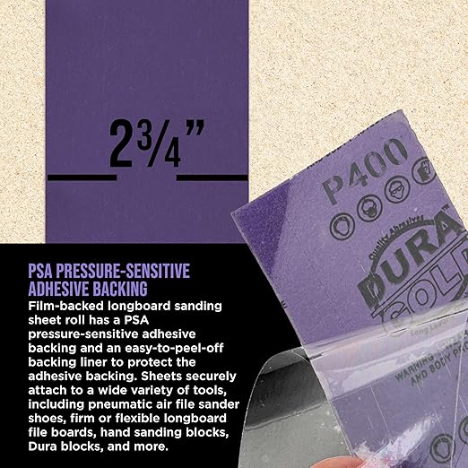 Dura-Gold Premium 400 Grit PSA Purple Film Ceramic Longboard Sandpaper, 2-3/4" Wide Continuous 20 Yard Roll - Self Adhesive Stickyback for Auto & Wood Air File Long Board Sanders, Hand Sanding Blocks