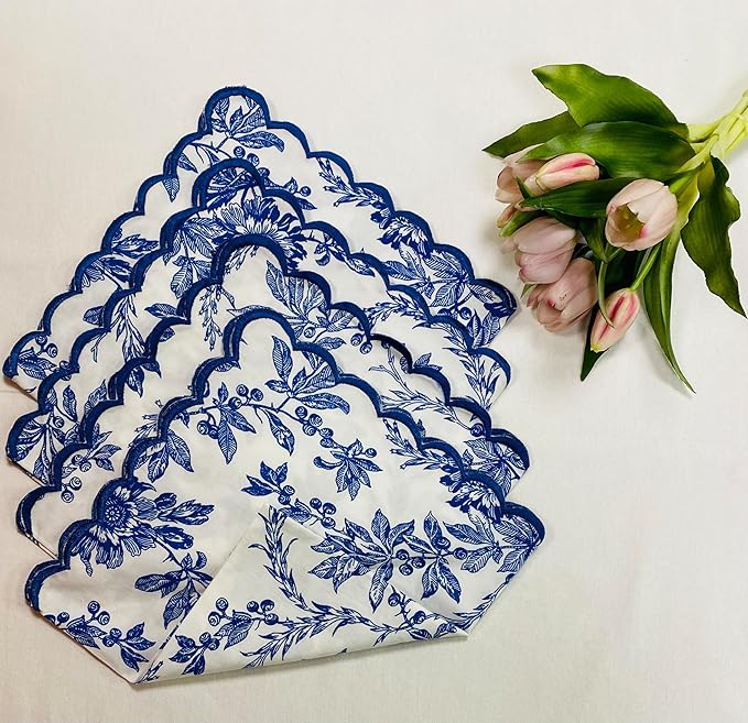 Ridhi Incremental Blue Hand Block Print Napkins 18" x 18" Set of 4 Reusable Cotton Dinner Napkins for Weddings, Parties & Everyday Dining, Thanksgiving, Christmas, Fall