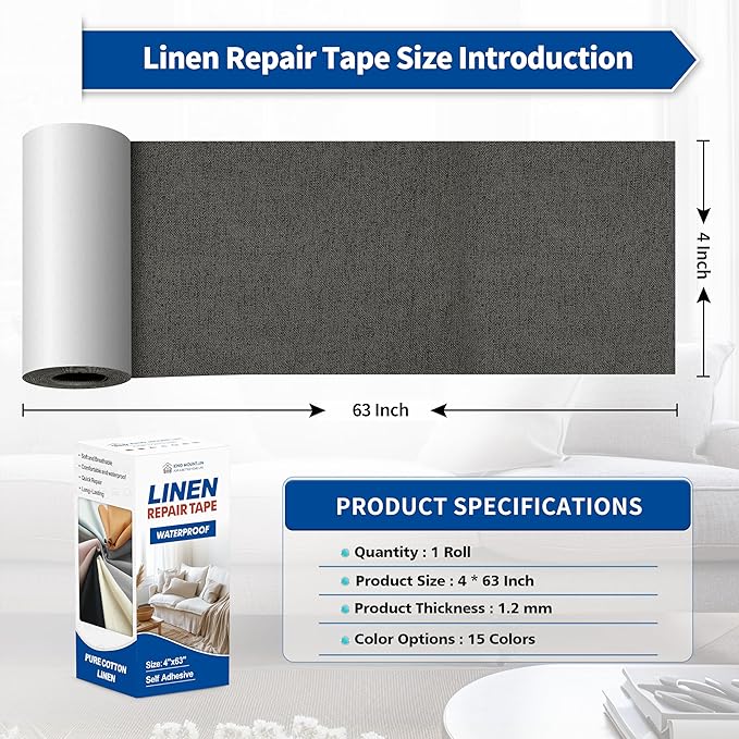 KING MOUNTAIN Linen Repair Patches, Self-Adhesive Linen Fabric Patches, 4 X 63 inch Extra Size, Multi Color, Can be Used for Linen Sofa Repair and Linen Clothes Repair (Dark Grey)