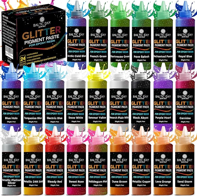24 Color Pigment Paste for Epoxy Resin Set [ Glitter Series ] – Opaque Epoxy Pigment, Epoxy Dye Paste & High Concentration Mica Powder for Resin Art, Jewelry, Tumblers, Coasters & Crafts