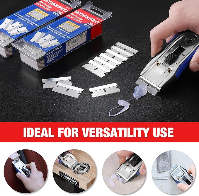 WORKPRO 200-Pack Single Razor Edge Blades, Industrial Scraper Razor Blades, High Carbon Steel One Edge Razor Blades