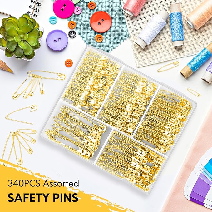 Safety Pins Assorted, 340 Pack 5 Different Sizes Small and Large Safety Pin for Clothes Costume Sewing, Nickel Plated Steel, Arts and Crafts Supplies, Gold