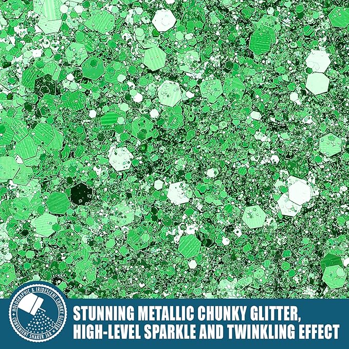 Chunky Glitter, 160G/5.64OZ Craft Glitter for Epoxy Resin, Mixed Fine Glitter & Chunky Glitter, Metallic Chunky Glitter for Hair, Nail Arts, Body, Bulk Glitter for DIY Tumbler Painting (Xmas Green)