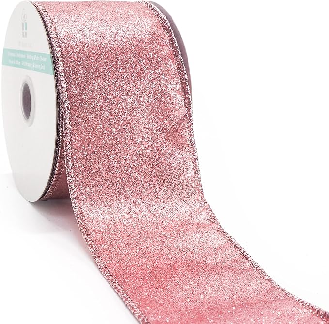 CT CRAFT LLC Glitter Wired Ribbon 2.5" x 10 Yards Rose Gold for Christmas Home Decor Bow Gift Wrapping DIY Crafts Wreath