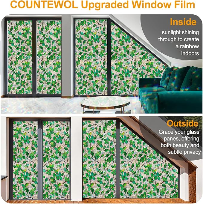 Window Privacy Film Stain Glass Window Film Rainbow Window Film Window clings Non-Adhesive Reusable Decorative for Room (Greenery Leaf, 45.2 x 78.7 in)