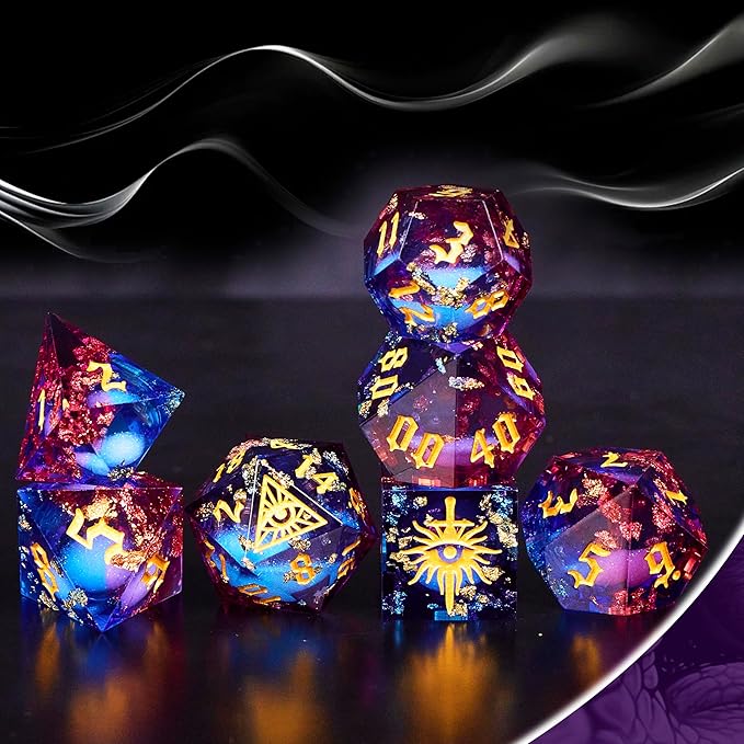 The Eye of Mystery Liquid Core DND Dice Set – Unique Resin Dice Set for Dungeons & Dragons – Red Blue Galaxy Dice Set for D&D Gifts