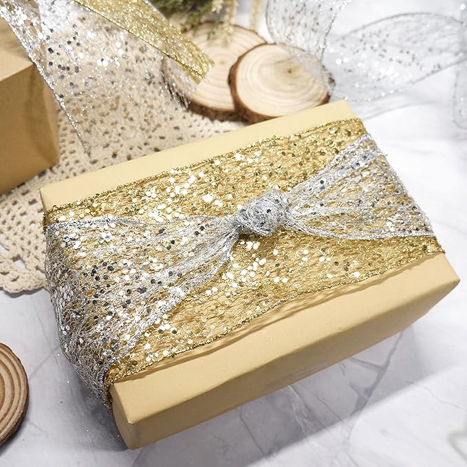 CT CRAFT LLC Sparkling Glitter Mesh Wired Ribbon 4" x 10 Yards Silver for Christmas Home Decor Bow Gift Wrapping DIY Crafts Wreath