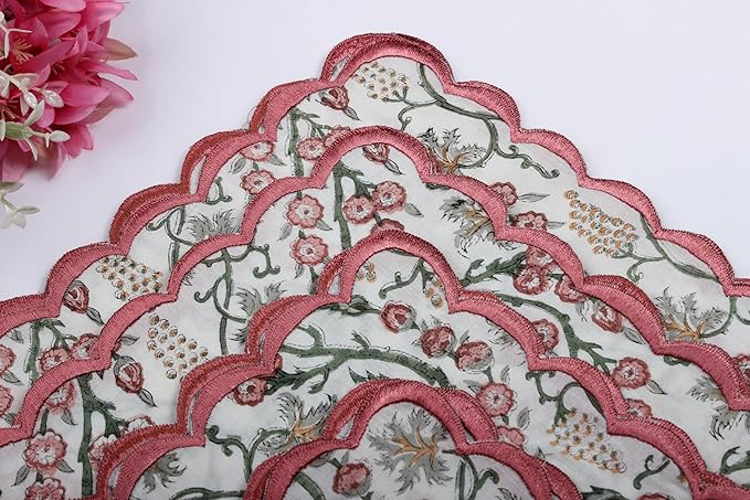 Ridhi Coral Pink Hand Block Print Napkins 18" x 18" Set of 4 Reusable Cotton Dinner Napkins for Weddings, Parties & Everyday Dining, Thanksgiving, Christmas, Fall