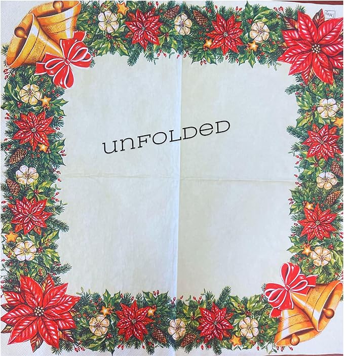 20-ct 13x13 Christmas Paper Decoupage Napkins, 3-Ply Servilletas Tissue Napkin for Dinner and Parties, Disposable Napkins (Bells)