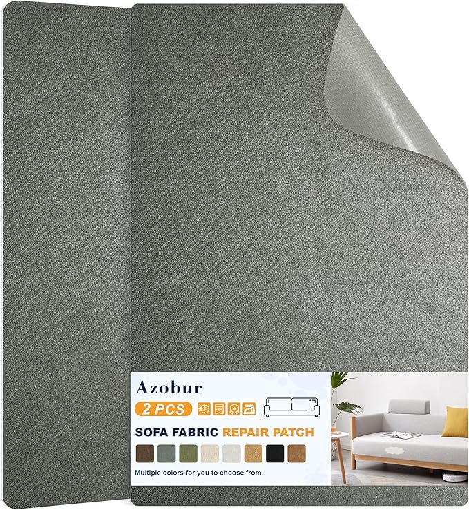 Azobur Couch Patch Repair Fabric,Microfiber Fabric, Self-Adhesive, for Sofa Repair and Upholstery, 2 Pieces, 9.5 x 11 inches (Gray)