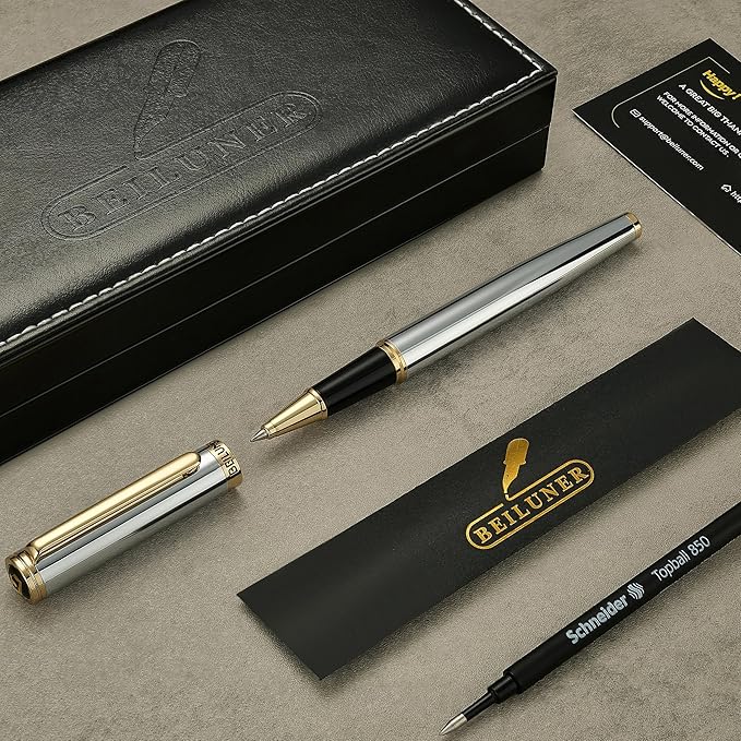 BEILUNER Silver Chrome Personalized Pen, Stunning Luxury with 24K Gold Finish,Noble and Elegant Designs,Schneider Ink Refill, Best Gift Pen for Men & Women, Graduation, Executive Office, Fancy Pens