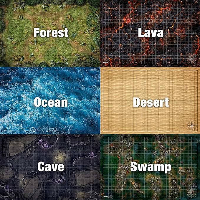 Tidyboss DND Expansion Pack | 3 X Double Sides 24x 36 Game Grid Mat | 6 Terrains with Lava, Sea, Forest, Cave, Swamp and Desert | Includes 2 x Dry Erase Markers, Eraser and Clips