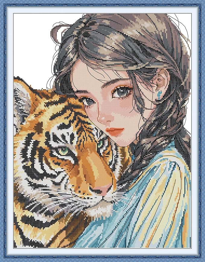 Threadhaven Cross-Stitch Kit 14CT Aida Counted Embroidery Complete Set with Fabric, Threads, Needles & Chart-Premium Beautiful Girls Design for Adults & Beginners- Girl with Tiger 14.5''×18.5''