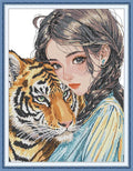 Threadhaven Cross-Stitch Kit 14CT Aida Counted Embroidery Complete Set with Fabric, Threads, Needles & Chart-Premium Beautiful Girls Design for Adults & Beginners- Girl with Tiger 14.5''×18.5''