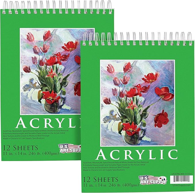 U.S. Art Supply 11x14 Premium Heavy-Weight Acrylic Painting Paper Pad, 246lb (400gsm), 2 Pack, 12 Sheets, Spiral Bound, for Acrylic Paint