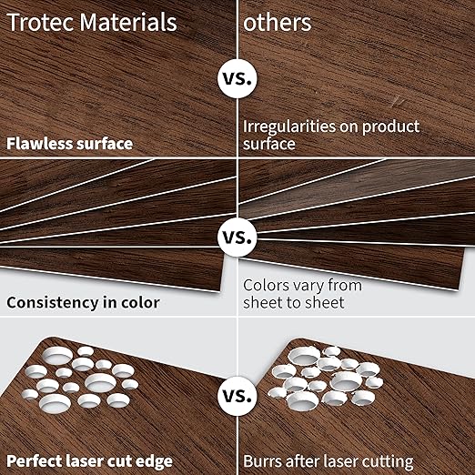 Trotec TroLase | 12"x12"x1/16", 8 Pcs | English Walnut/White | 2 Ply | Modified Acrylic | Laser Engraving Double Color Plastic Sheet | Engraving Blanks for Laser, Saw, Guillotine | Made in USA